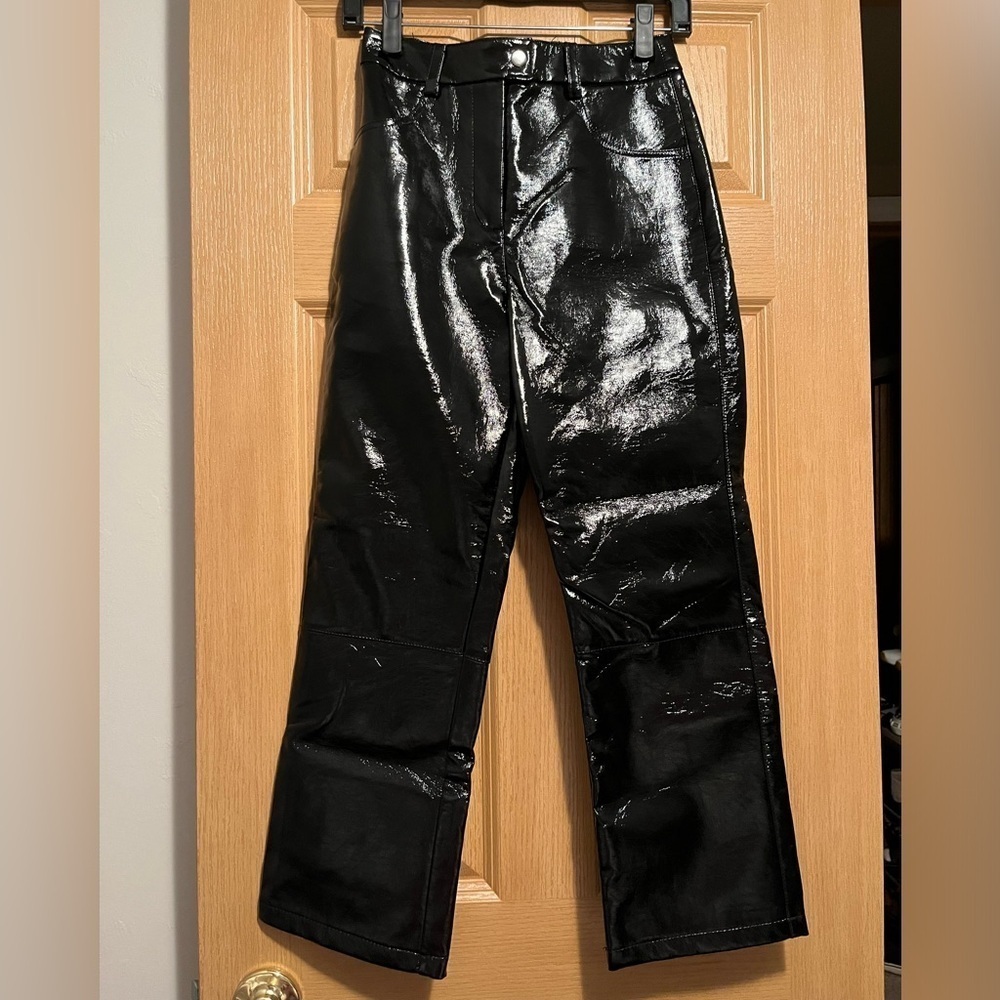 Topshop Faux Leather Straight Leg Black Trousers NWT Women's Size 2 Streetwear